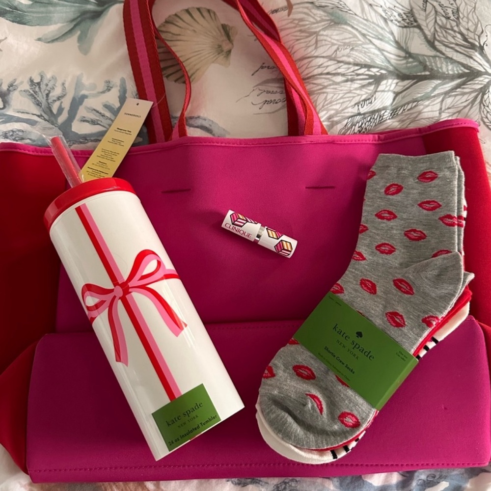 Kate Spade NWT Bundle Socks, Tumbler, Clinique Lipstick, Neoprene Tote